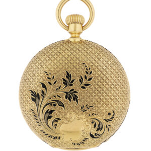 Patek Philippe 18k Yellow Gold Hunter Pocket watch with black Enamel floral decoration, c. 1870