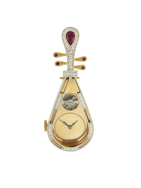 Swiss Mandolin Timepiece 18k White & Pink Gold w/ Diamonds & Rubies c. 1920s