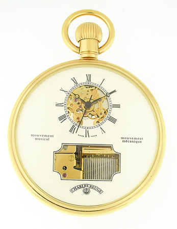 Reuge Musical Watch Charles Reuge, gold-plated visible built-in music box, Visible skeletonized movement. Reuge fitted box.