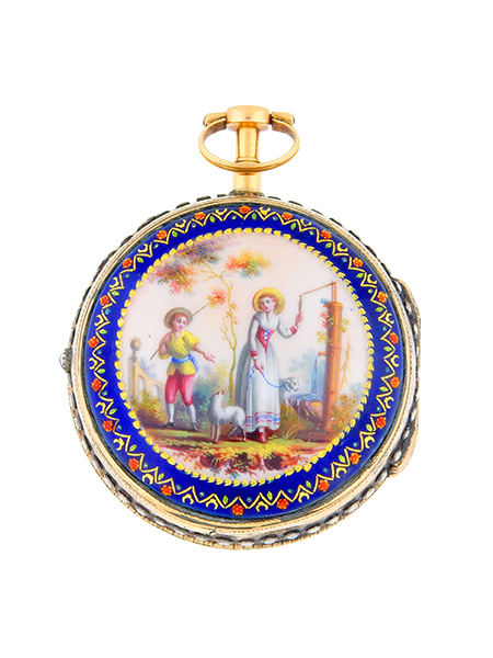 Les frères Esquivillon et DeChoudens, Enameled 18kYG Pair Case Verge Watch