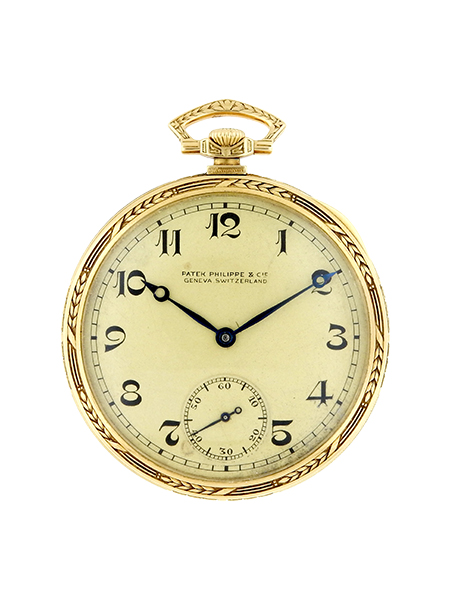 Patek Philippe 18k Yellow Gold Open Face Pocket watch Circa 1923 w. Decorative Bezel