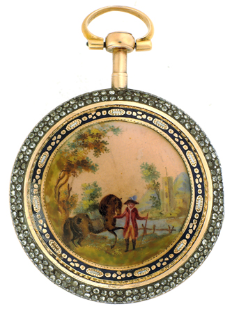 18k YG Dichene Geneva c 1790, verge watch w/ enamel scene