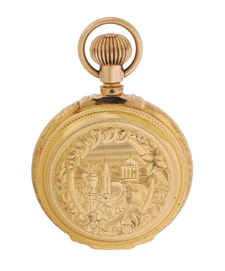 American Waltham, Created for Turkish Market. 14k Yellow Gold Very Rare and Fine Hunter Keyless Lever Pocket Watch with Unusual Winding and Setting Mechanism, c.1887