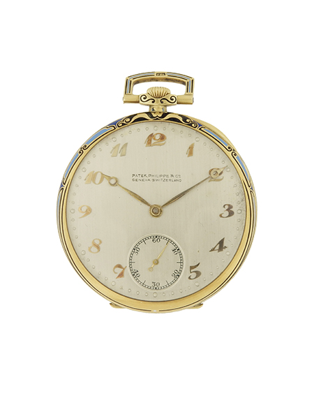 Patek Philippe 18k Yellow Gold and Enamel Art Deco Open Face Pocket Watch, Circa 1925, w/ box & extract