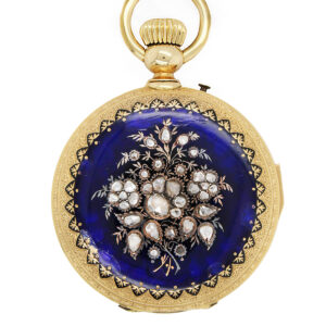 Courvoisier Freres, Swiss, Minute Repeater, 18k Yellow Gold Hunter Royal Blue Enamel & Diamonds