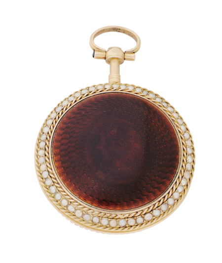 Berthoud Paris 18k Yellow Gold, Enamel, and Pearl-Set Verge Fusee Key-wind Pocket Watch, c.1820