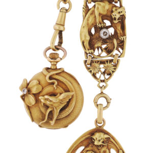 Swiss 18k Yellow Gold and Diamond-Set Open-Faced Ladies' Pocket Watch with Snake Motif, c.1900