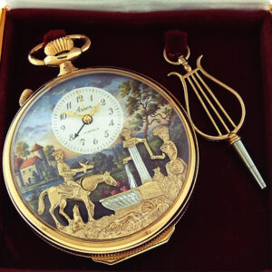Arnex Swiss Gold Plated Open Face Musical Pocket Watch w/Automaton, pre-Reuge Edition, with original Arnex Box and lyre form key, c. 1980, 116.5g