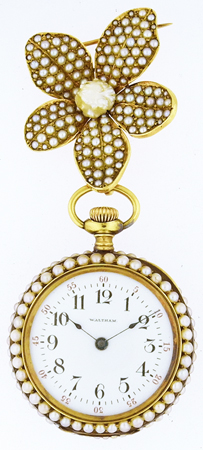 Waltham 18k YG & Pearl-Set Open Face Pendant Watch w/ Brooch, c. 1900's