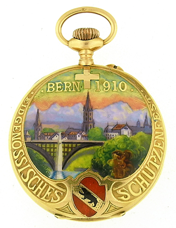 Orion (Brandt & Hofmann) Bienne 18k YG Keyless Lady’s Pendant Watch, Painted on Enamel, Made for the Bern Schutzenfest in 1910, 30.4g