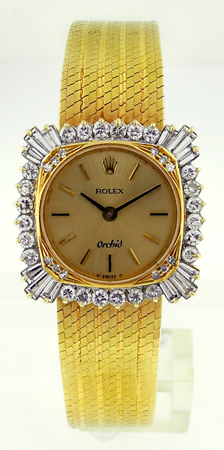 Rolex Lady's 'ORCHID' 18kYG square bracelet watch, Special baguette and round diamond bezel