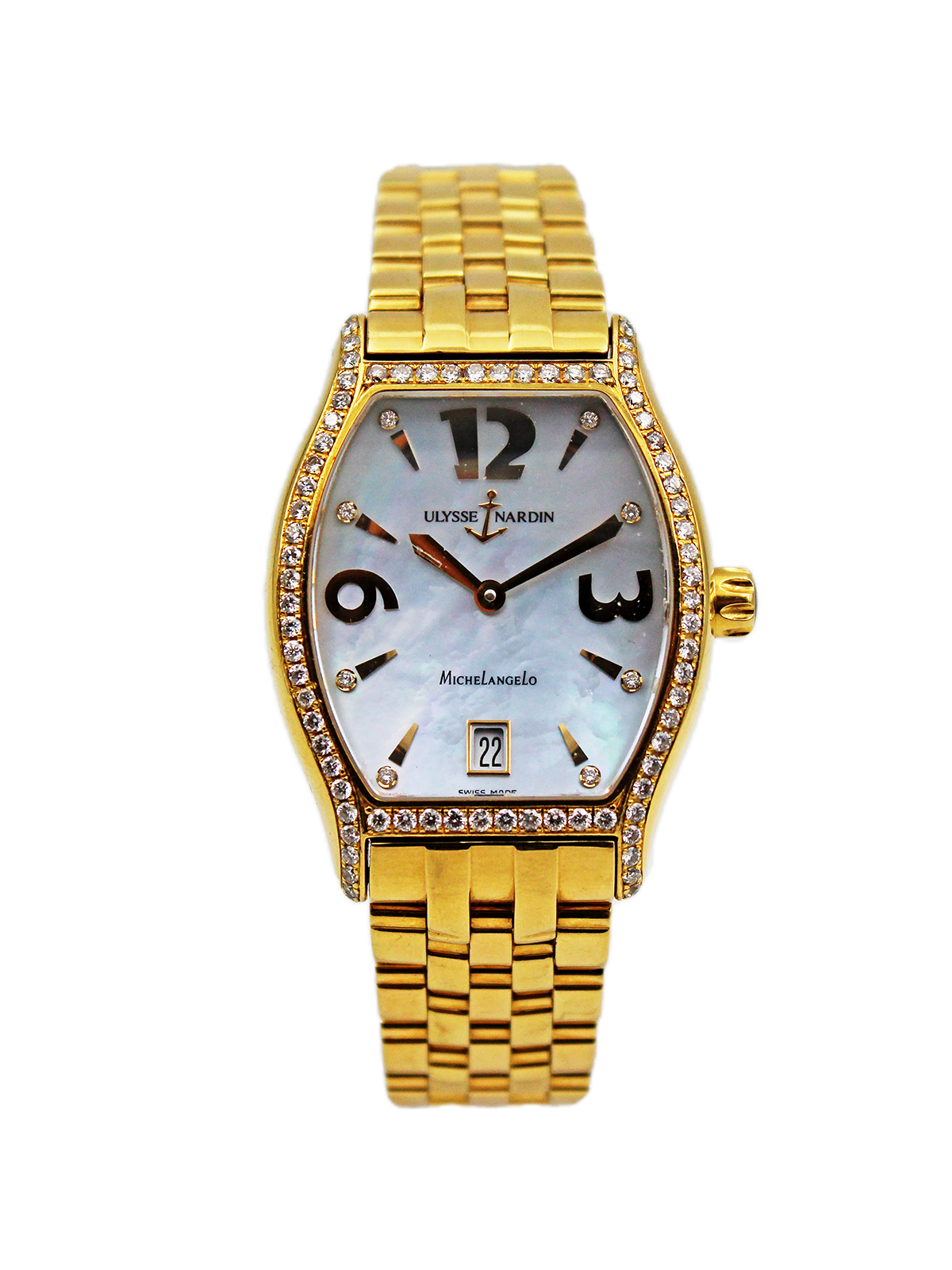 Ulysse Nardin “Michelangelo” 18k Yellow Gold & Diamond Auto-Date Bracelet Watch, Retail $32,100