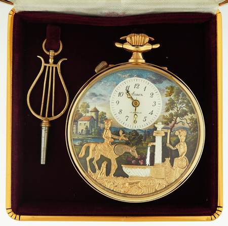 Swiss Gold Plated Open Face Musical 'Arnex' Pocket Watch w/Automaton