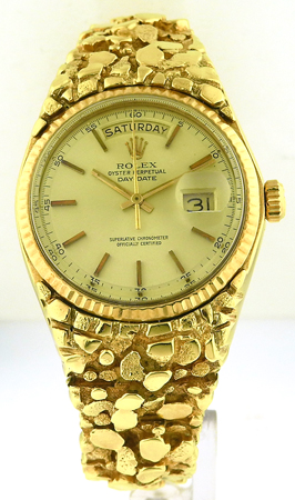 Rolex Oyster Perpetual Auto Day-Date 18k YG , Custom 18k YG Raw Nugget Bracelet