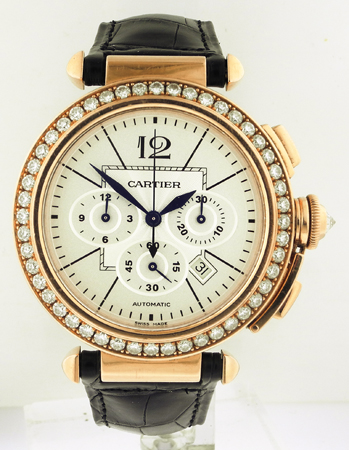 Cartier 18k PG Pasha Chronograph Auto-Date with Diamond Bezel and Crown