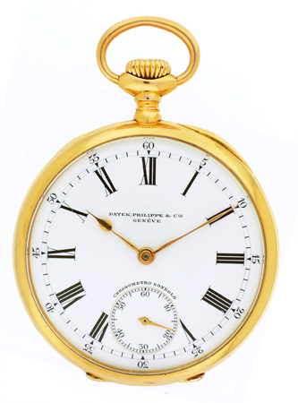 Patek Philippe, 18k Yellow Gold Open Face Chronometro Gondolo pocket watch.