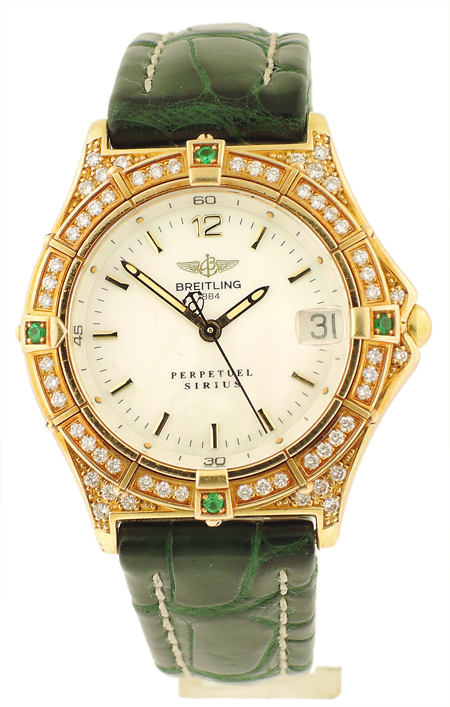 Breitling Perpetual Sirus 18k YG Ladies. Ref:0914 Date, Diamond Bezel & Case, MOP Dial, 4 Emerald Points on Bezel