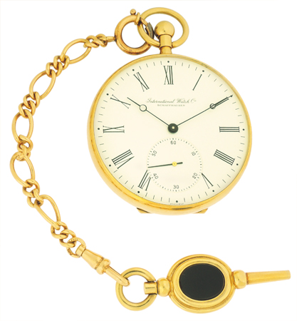 IWC 18k Yellow Gold Open Face Pocket Watch w/ Onyx Key