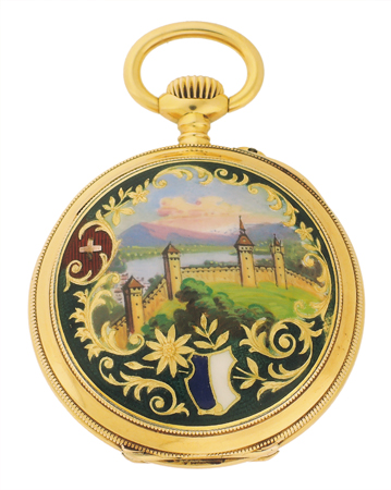 Vacheron & Constantin Ladies 18k Yellow Gold Open Face Pendant. Enamel dial, c1900, Enamel Back Case Fortified Castle Wall in Front of a Lake and Mountain View