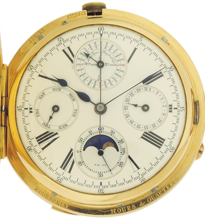 Minute Repeating Clockwatch, Swiss 18k Yellow Gold Demi Hunter, Perpetual Calendar, Chronograph Pocket Watch