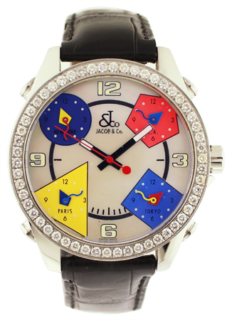 Jacob & Co. Stainless Steel & Diamond-Set, Five Time Zone, Mother of pearl dial.