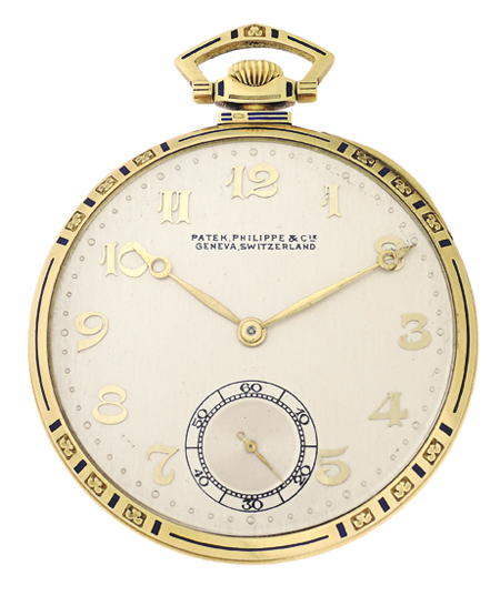 Patek Philippe open face 18k yellow gold. Engraved, enamel bezel and bow on case.