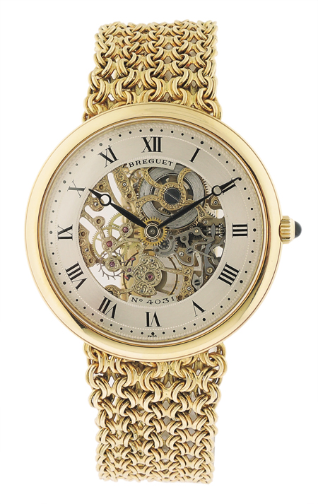 Breguet mens 18k yellow gold, finely engraved skeletonized bracelet watch.