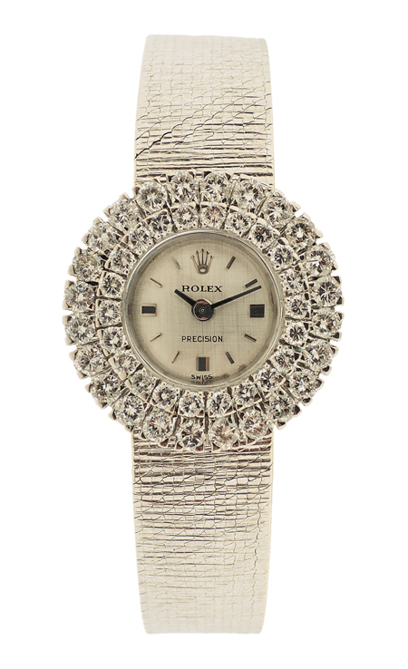 Rolex 18k white gold ladies integral bracelet watch with double row diamond bezel