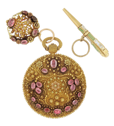 French 18k Tricolor and Pink Gem Stone Open Face Fusee Key Wind Early 19th Century Ladies' Pocket Watch