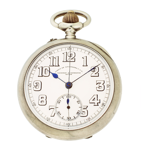 Vacheron & Constantin Open Face Silver Pocket watch. "Engineers" chrono perfect enamel dial, c.1930's