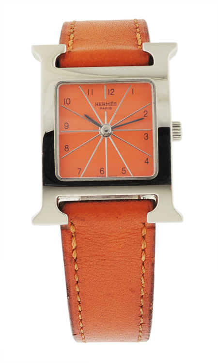 Hermes Ladies Stainless Steel "H" with orange dial and strap with guarantee