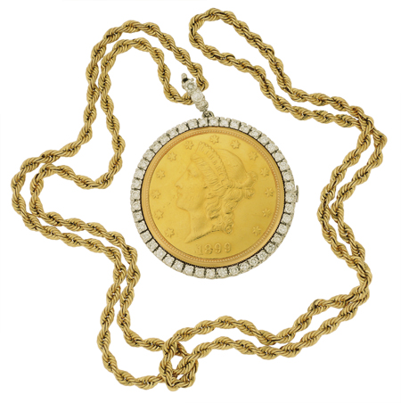 Rolex Rare & Fine $ 20 Gold Coin Watch with Diamonds & Neck Chain. Circa 1899