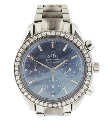 Omega Stainless Steel "Speedmaster" Men's Bracelet Watch with Chronograph and Mother of Pearl Diamond Dial