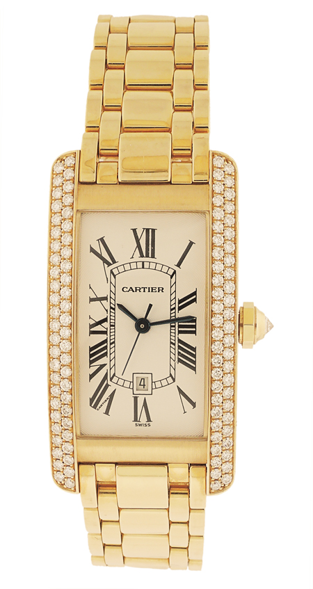 Cartier Ref. 1725 Tank Americaine Lafge and Fine 18k Yellow Gold and Diamond-set Rectangular Curved Automatic Wristwatch. Circa 1995