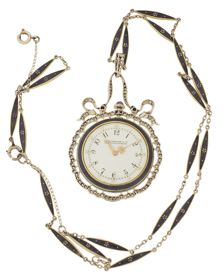 Patek Philippe . A fine and rare Ladies Platinum, Gold, Enamel and Diamond-set pendant watch. Circa 1910