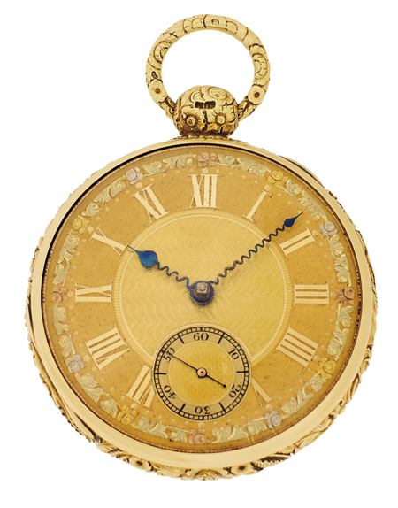 French Royal Exchange. 18 k Yellow Gold very fine, open face key wind pocket watch with triple color gold dial London Hallmarks for 1820