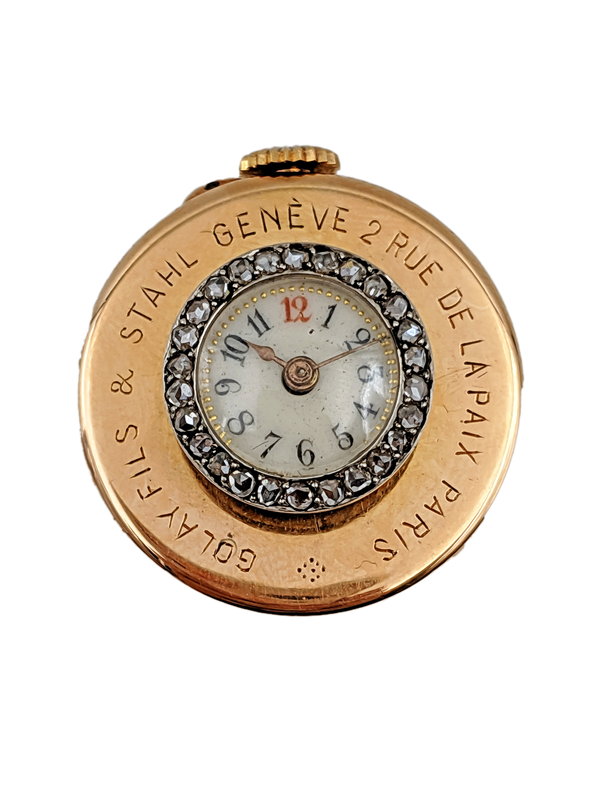 Golay Fils & Stahl. A fine and unusual pink gold and diamond button form watch. Circa 1890