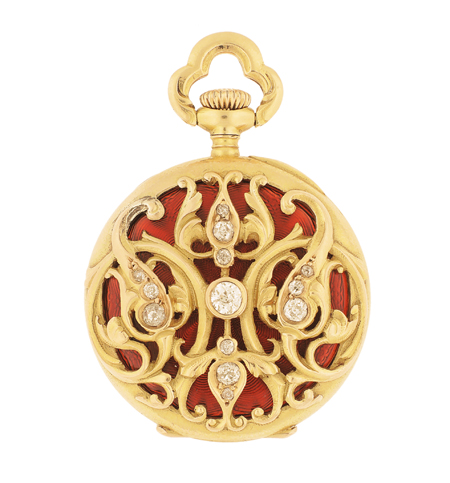 Tiffany & Co. 18k Yellow Gold Ladies' Pendant Open Face Diamond and Red Enamel Pocket Watch