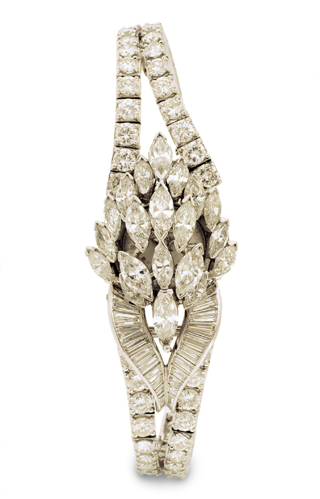 Omega Retailed for Baume & Mercier Ladies' Platinum Bracelet Watch Covered With 15ct Diamonds, Circa 1950s