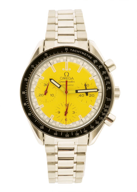 Omega Speedmaster, Yellow ‘Schumacher’ Mens' Chronograph Stainless Steel Wrist Watch