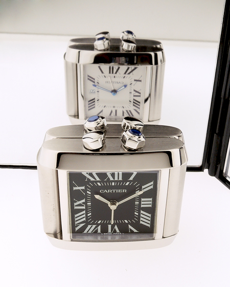 Cartier Stainless Steel Dual-time Alarm Desk Clock of "Tank Francaise" Design