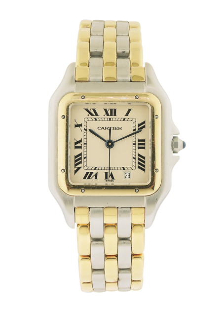 Cartier "Panthere" Three Row 18k Yellow Gold and Stainless Steel, Full Size Bracelet Watch.