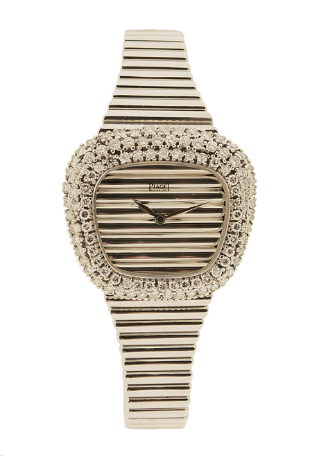 Piaget Asymmetrical 18k White Gold and Diamond Ladies Watch with Emperador Bracelet. Rare Museum Quality