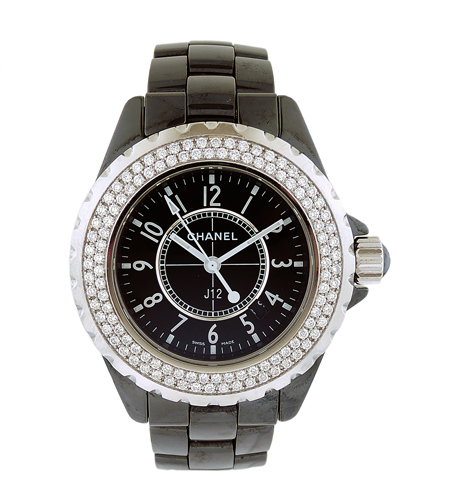 Chanel "J12" Stainless Steel, Black Ceramic, and Diamond Ladies' Bracelet Watch with Box and Papers