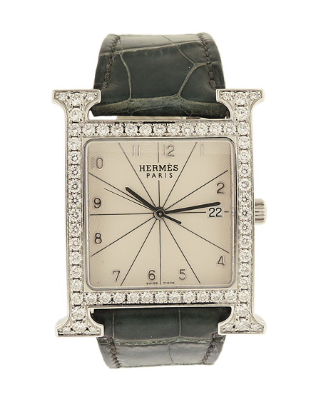 Hermes Large Size "H" Stainless Steel and Diamond Wrist Watch