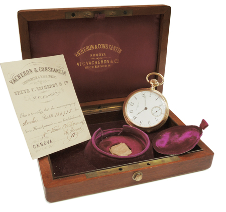 Vacheron & Co. 18k Yellow Gold Converted From Hunter Open Face Sidewinding Pocket Watch with Original Box and Paper and Recess with Extra Mainspring, c.1865-1870