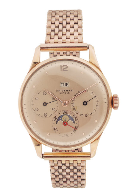 Universal Genève Moon Phase Calendar, 18K Pink Gold Original Case with Matching Pink GF Kreisler Bracelet Wrist Watch.