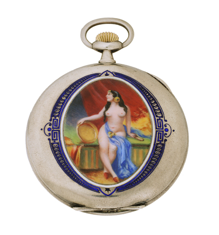 Swiss "The Eastern Maiden" retailed by Peter Hudaver Silver and Enamel Open Face Pocket Watch, c.1920