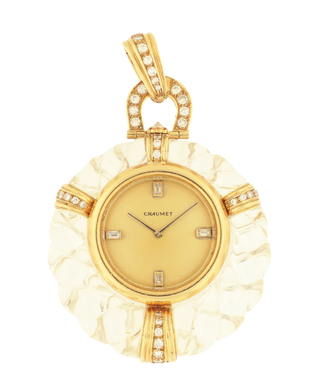 Breguet Retailed for Chaumet Very Fine and Elegant 18k Yellow Gold, Carved Rock Crystal, and Diamond-set Lady's Keyless Pendant Watch, c.1980s