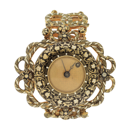 Swiss 18k Yellow Gold and Champleve Enamel Ribbons Ladies' Rare and Fine Bracelet Watch, c.1830